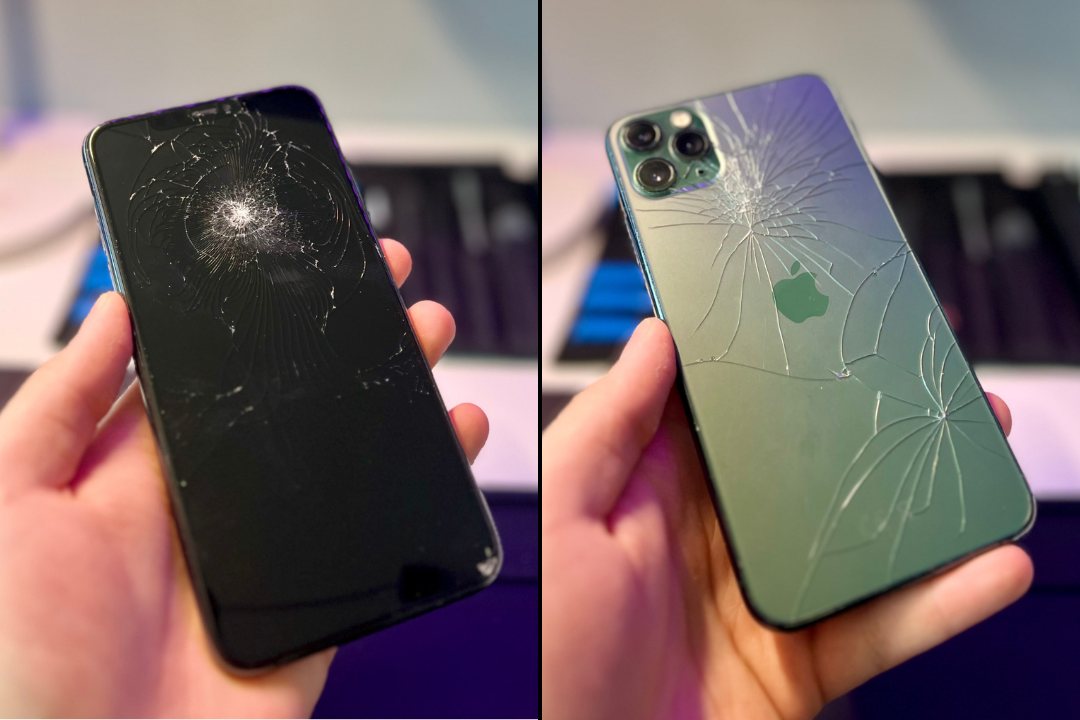 Rozbitý iPhone s prasklým displejem a zády před opravou